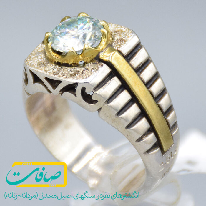 انگشتر موزانایت تراشدار با 10 عدد الماس مردانه «کد 2902»