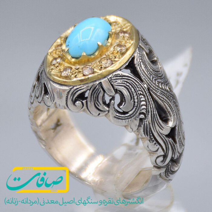 انگشتر فیروزه نیشابور با 10 عدد الماس مردانه «کد 3298»