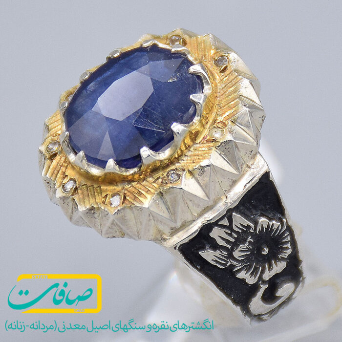 انگشتر یاقوت کبود با 9 عدد الماس مردانه «کد 3875»