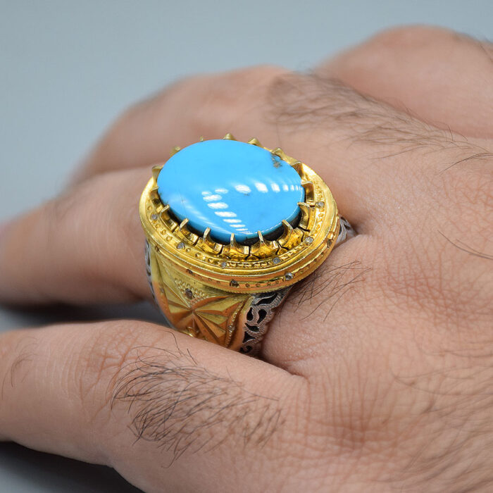 انگشتر فیروزه نیشابور درشت و صاف با 30 عدد الماس مردانه «کد 3738» - تصویر 5