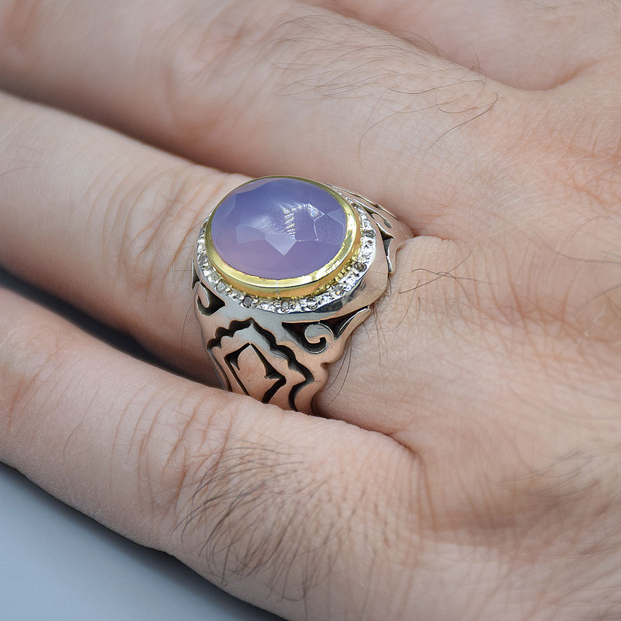 انگشتر عقیق کبود یمنی با 14 عدد الماس مردانه «کد 3752» - Image 5
