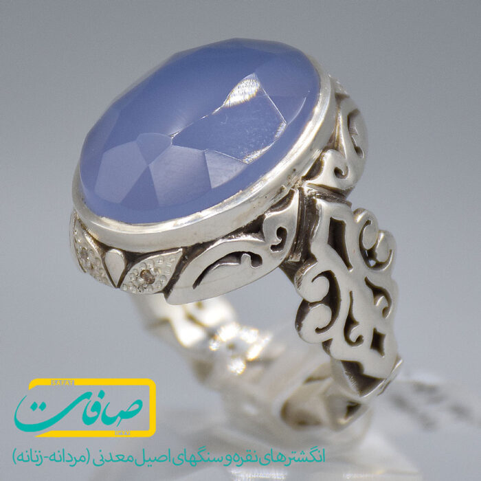 انگشتر عقیق کبود یمنی درشت با 4 عدد الماس مردانه «کد 3773»