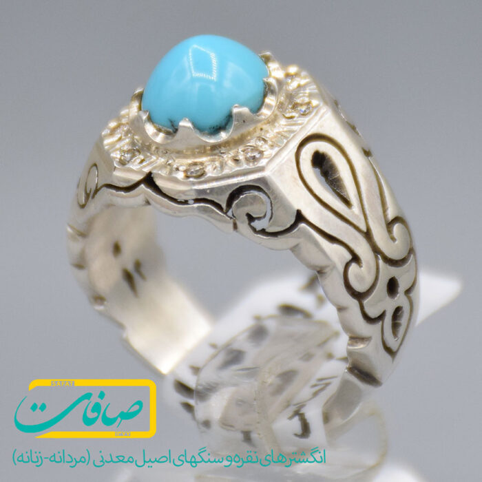 انگشتر فیروزه نیشابور صاف با 8 عدد الماس مردانه «کد 3781»
