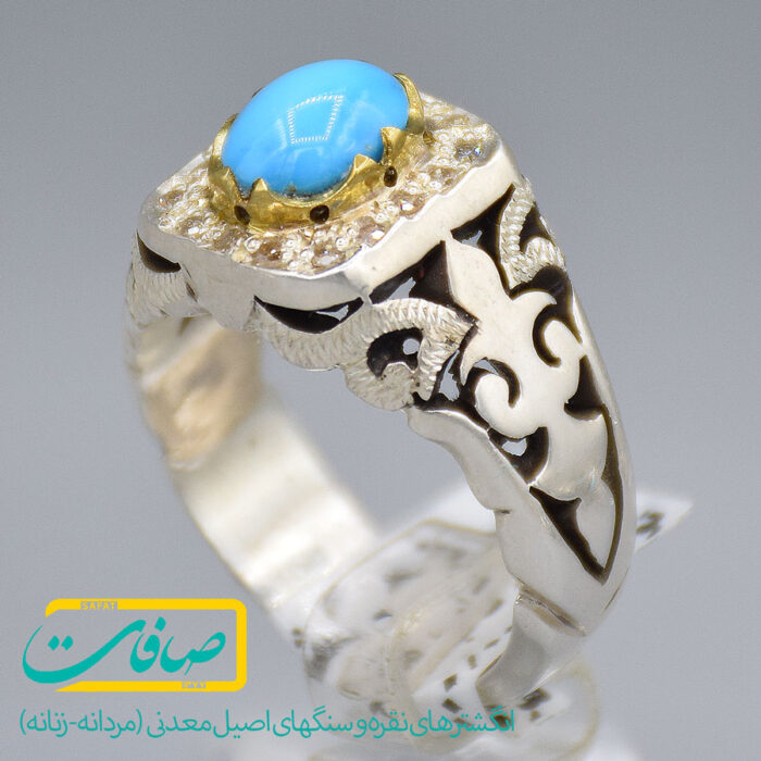 انگشتر فیروزه نیشابور خوشرنگ و صاف با 16 مردانه «کد 3803»