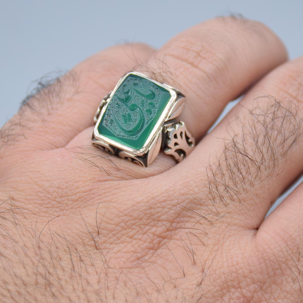 انگشتر عقیق سبز خطی "یا علی" مردانه «کد 4242» - Image 4