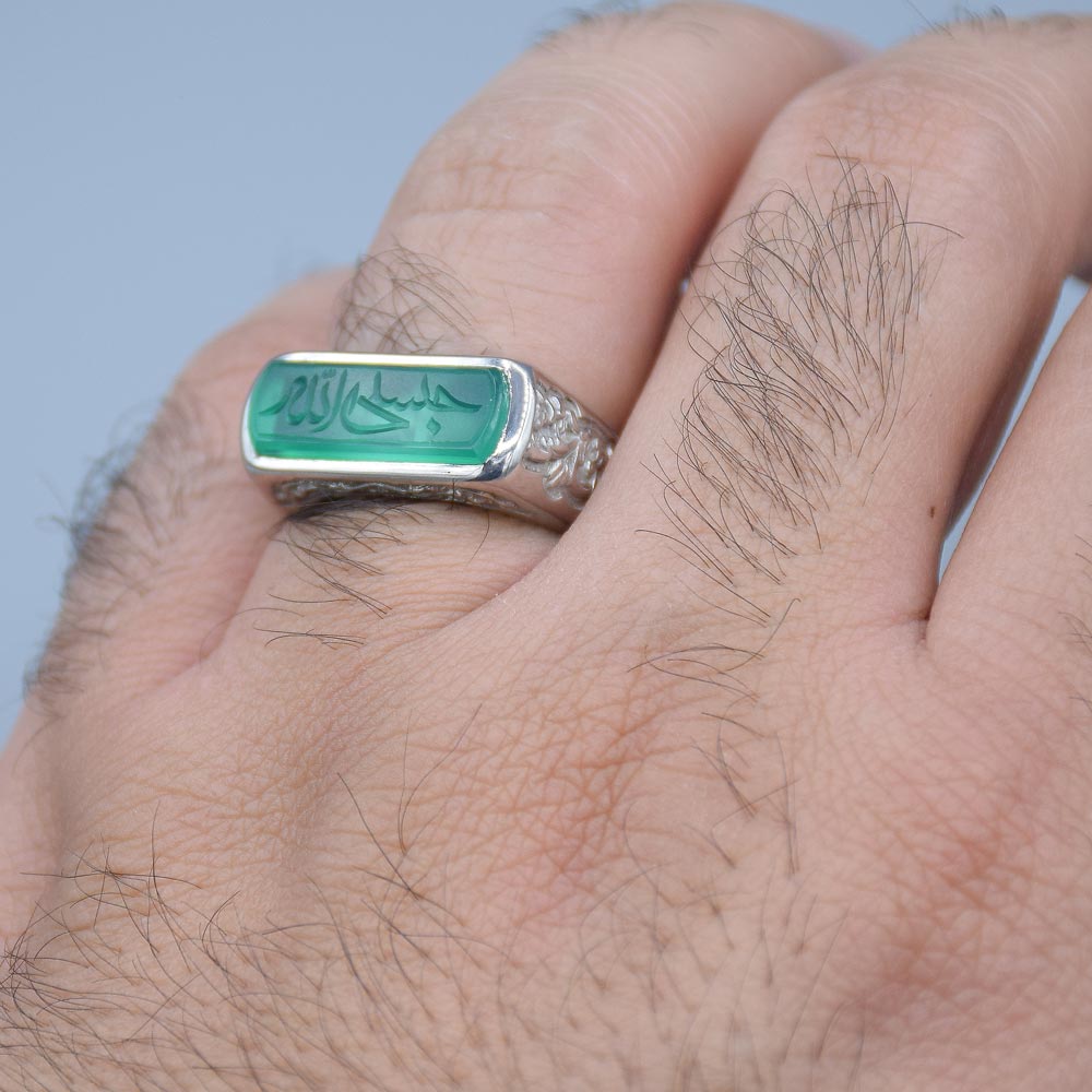انگشتر عقیق سبز خطی "حسبی الله " طرح کپسولی مردانه «کد 4262» - Image 4