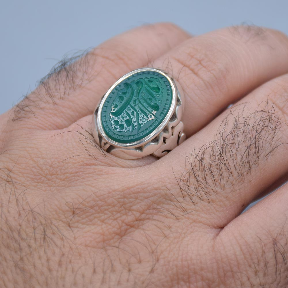 انگشتر عقیق سبز خطی "یا امام الرئوف" مردانه «کد 4284» - Image 4