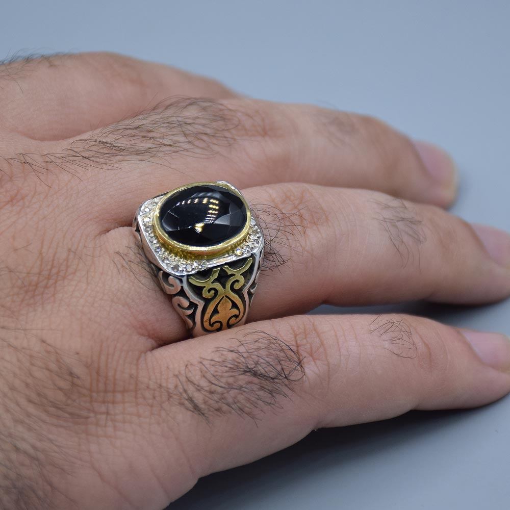 انگشتر عقیق مشکی یمنی با 22 عدد الماس مردانه «کد 4602» - Image 4