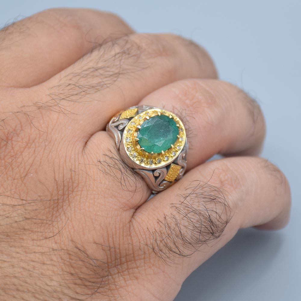 انگشتر زمرد زامبیا با 20 عدد الماس مردانه «کد 5932» - تصویر 4