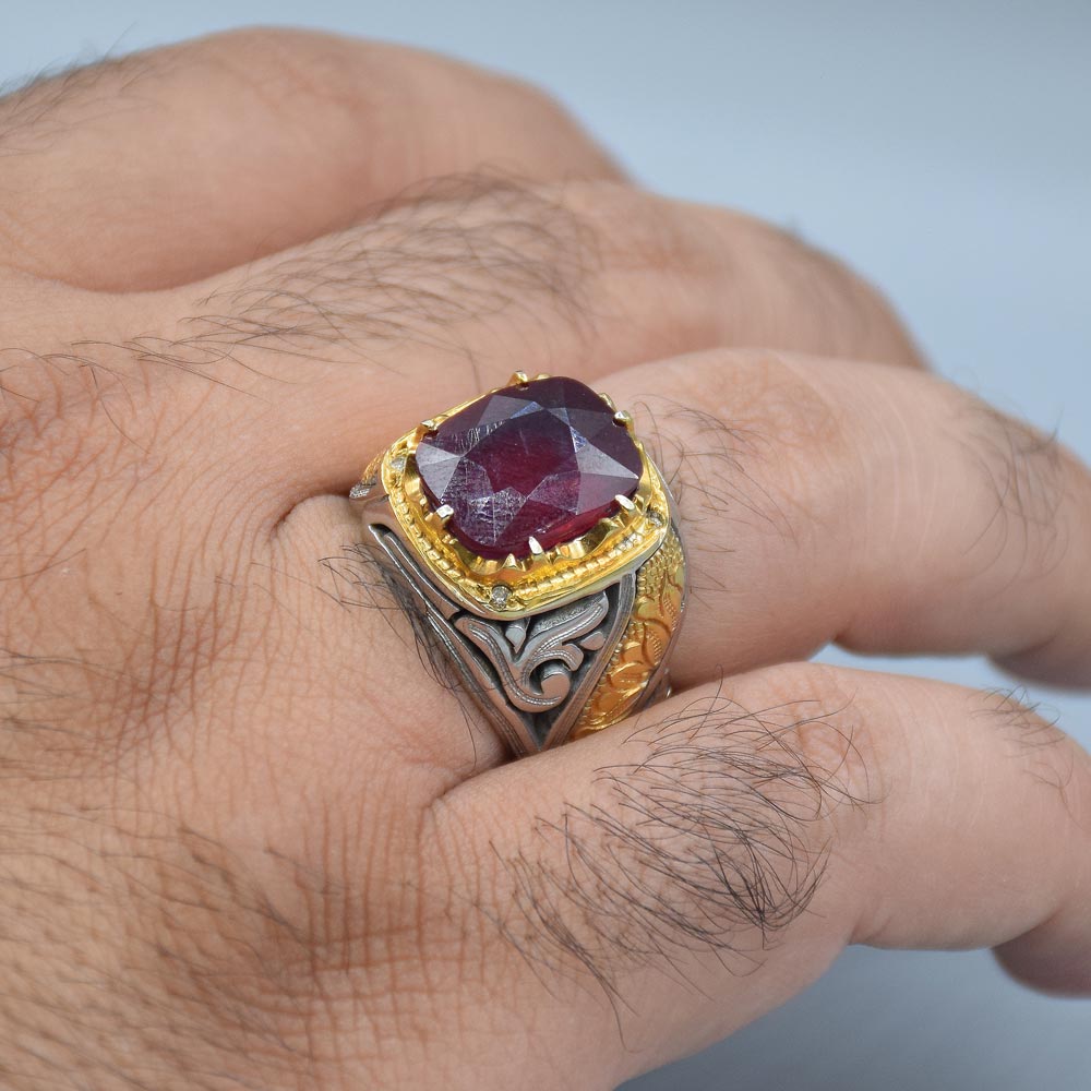 انگشتر یاقوت قرمز با 4 عدد الماس مردانه «کد 5949» - Image 4