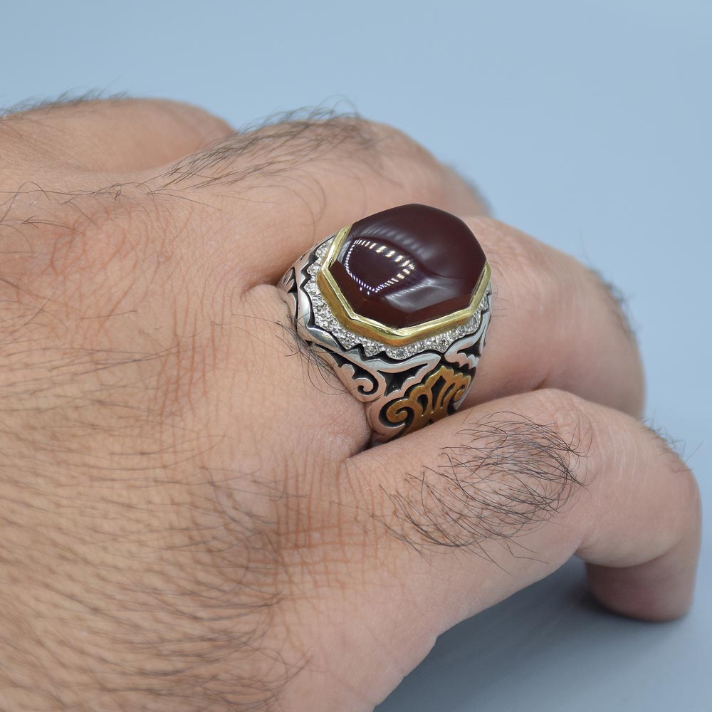 انگشتر عقیق یمنی خاص و خوشرنگ با 24 عدد الماس مردانه «کد 5998» - Image 5