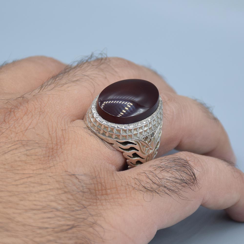 انگشتر عقیق یمنی با 6 عدد الماس مردانه «کد 6011» - Image 5