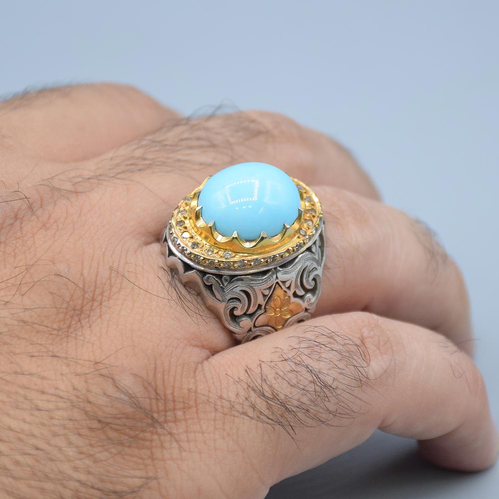 انگشتر فیروزه نیشابور با 32 عدد الماس مردانه «کد 6300» - Image 5