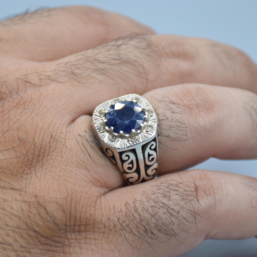 انگشتر یاقوت کبود با 8 عدد الماس مردانه «کد 6322» - Image 4