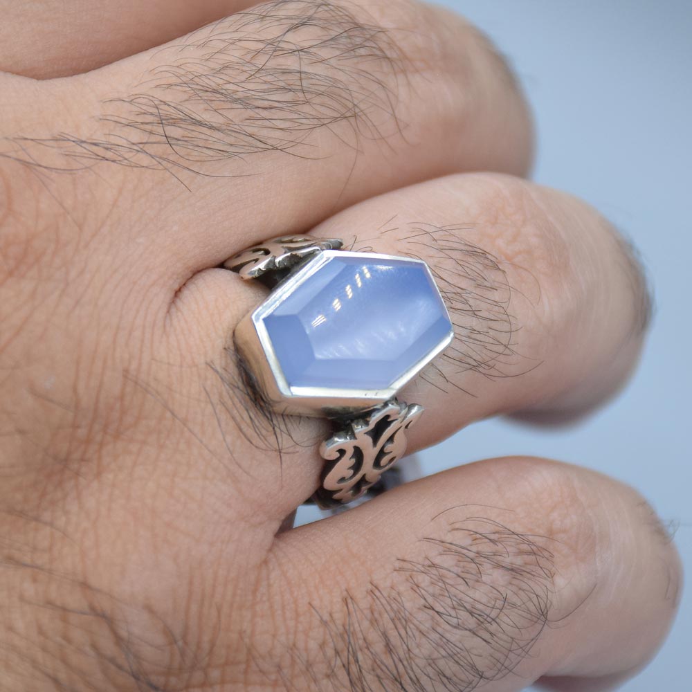 انگشتر عقیق کبود یمنی با حرز مردانه «کد 6420» - Image 4