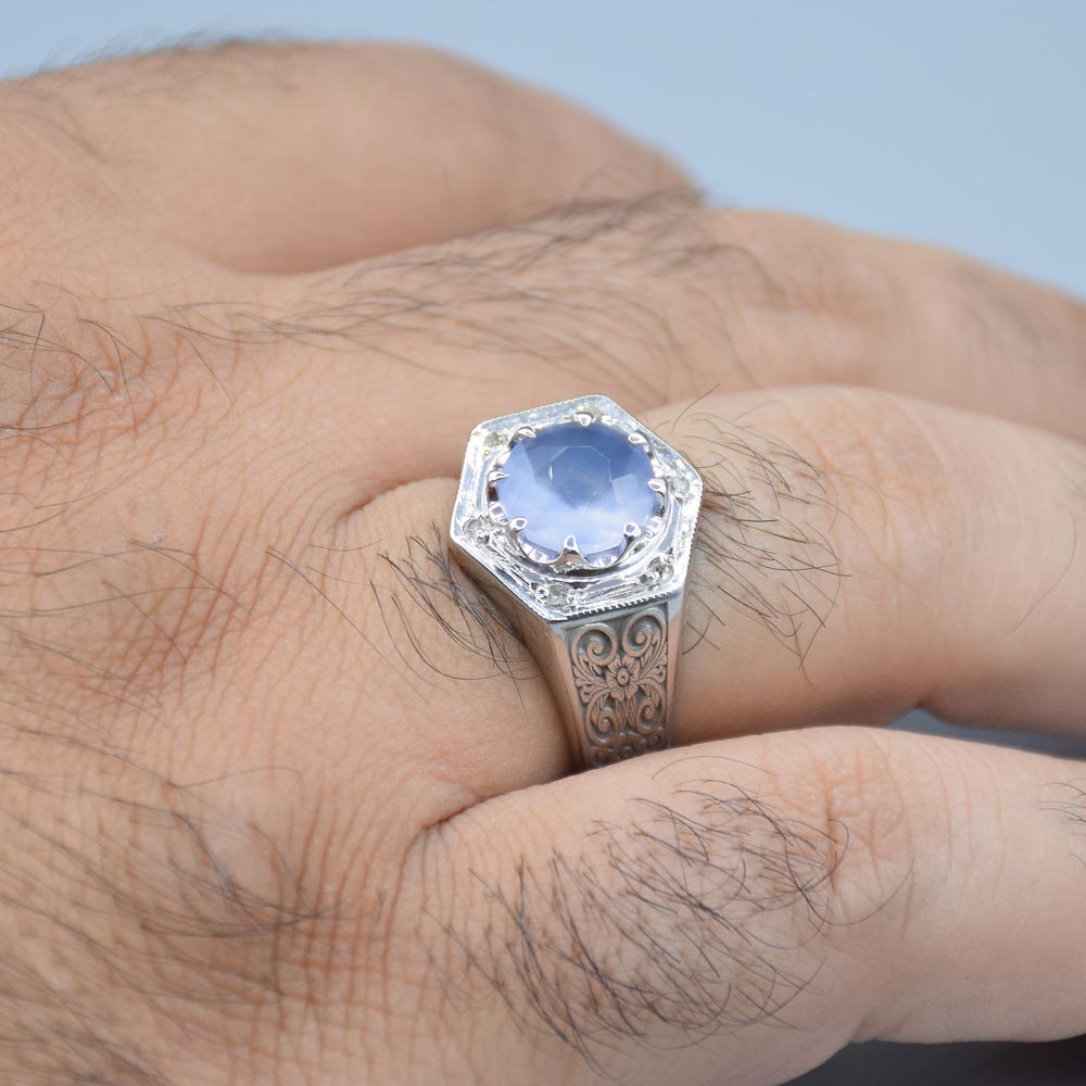 انگشتر عقیق کبود یمنی با 6 عدد الماس مردانه «کد 6427» - Image 4