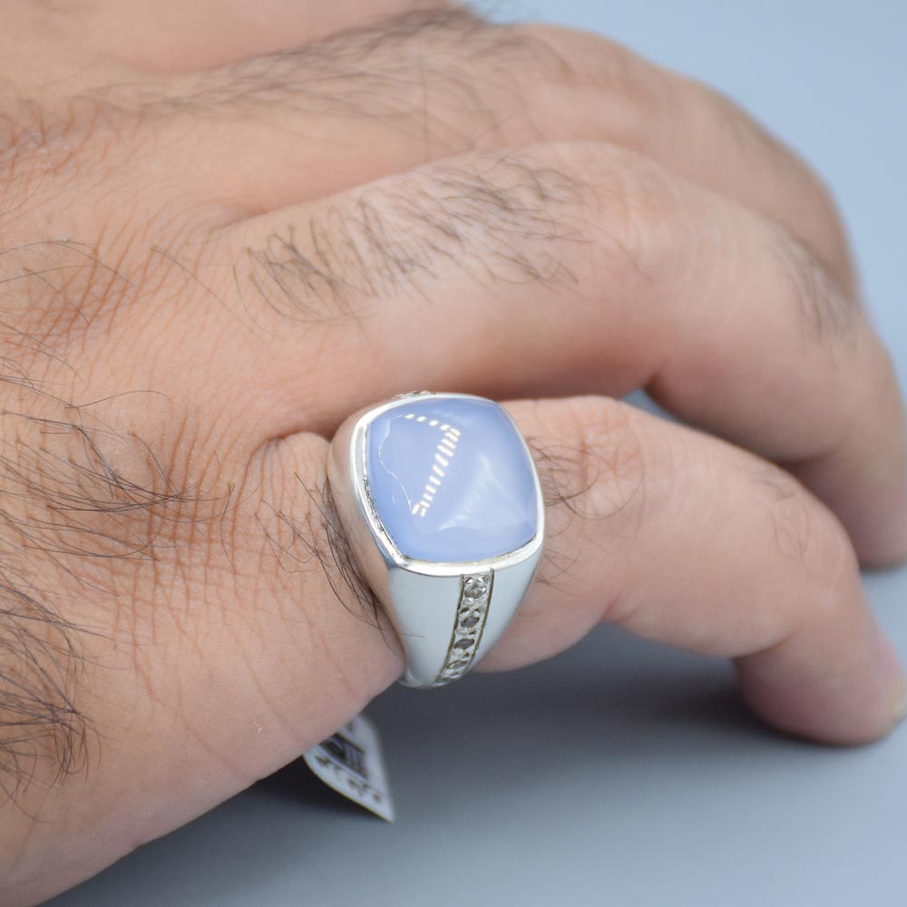 انگشتر عقیق کبود یمنی با 10 عدد الماس با حرز مردانه «کد 6428» - Image 4