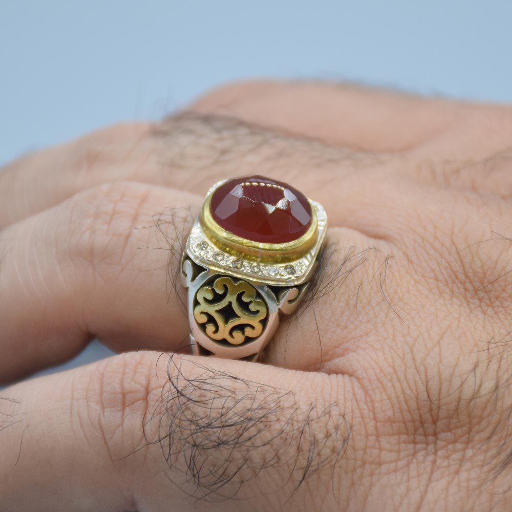 انگشتر عقیق یمنی با 12 عدد الماس مردانه «کد 6618» - Image 4