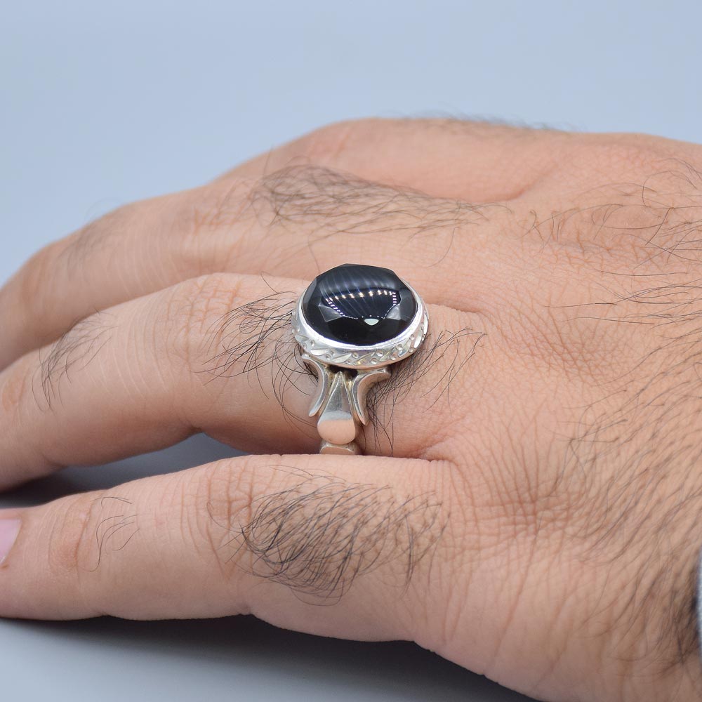 انگشتر عقیق مشکی یمنی با حرز مردانه «کد 6709» - تصویر 4